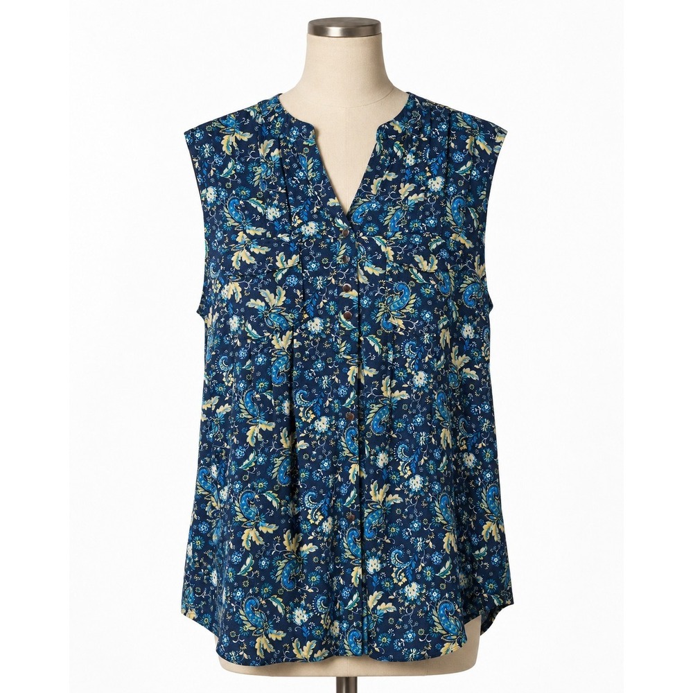 Ava & Grace Womens 1X Sleeveless Paisley Floral Button Front Tunic Blouse Blue